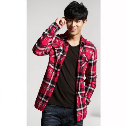  [[พร้อมส่ง XL]] [OBM-006-2] Orange Bear++เสื้อเชิ๊ต++เสื้อเชิ๊ตผู้ชายสีแดงลายสก๊อต