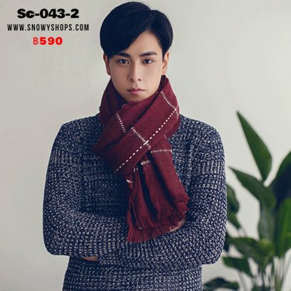 [พร้อมส่ง] [Sc-043-2] Scarf ผ้าพันคอไหมพรมสีแดงลายเส้นแถบเทา ผ้าเนื้อนิ่ม 
