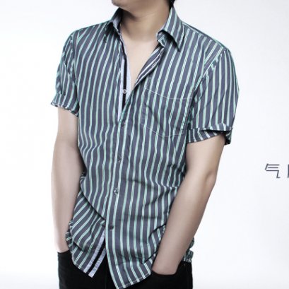 [[พร้อมส่ง P]] [TS-001] TS ++เสื้อ++ เสื้อเชิ้ตแขนสั้นลายทางสีเขียว