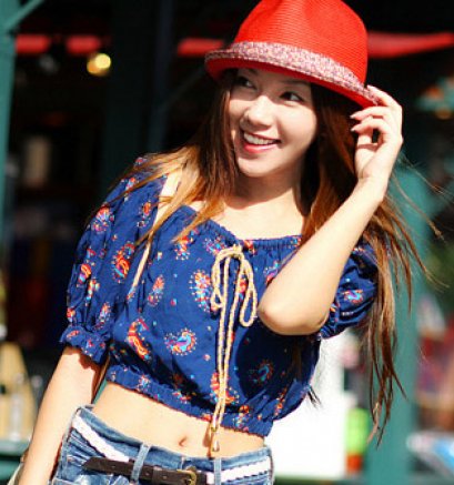  (*พร้อมส่ง L) [Ac-023] Angelcitiz++เสื้อ++เสื้อสีน้ำเงิน ลายดอกไม้ เอวและแขนจั๊ม