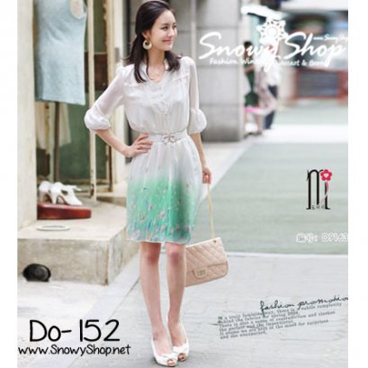  [[*พร้อมส่ง M]] [Do-152] Domeya++เดรส++สีขาว แขนข้อศอกตุ๊กตา กระโปรงพริ้วบานลูกเล่นที่ลายกระโปรงออกสีเขียว มีเข็มขัดให้ด้วยน่ะค่ะ