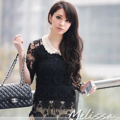      [[*พร้อมส่ง F]] [เสื้อลูกไม้] [Do-434] Domeya ++เสื้อ++ เสื้อแขนสามส่วนผ้าลูกไม้สีดำ 