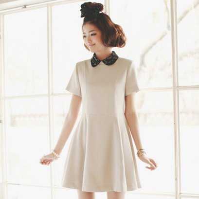  [[*พร้อมส่ง S]] [Do-470] Domeya ++เดรส++ เดรสแขนสั้นคอปกสีครีม