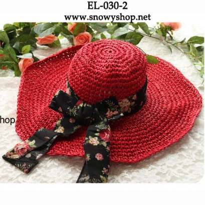  [*พร้อมส่ง] [EL-030-2] EL++หมวก++หมวกสานปีกกว้างสีแดง 