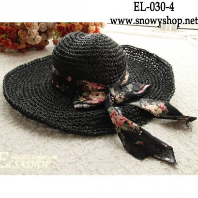  [*พร้อมส่ง] [EL-030-4] EL++หมวก++หมวกสานปีกกว้างสีดำ 