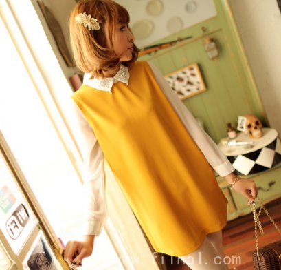 [[พร้อมส่ง]] [Mi-203] Mimius++เดรส++เดรสสีเหลืองเข้ม คอปกสีขาวแขนยาว สบายๆ