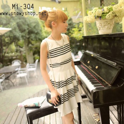 [[พร้อมส่ง]] [Mi-304] Mimius++เดรส++เดรสสีขาวลายเส้นสีดำ แขนกุด สไตล์เรียบหวานค่ะ