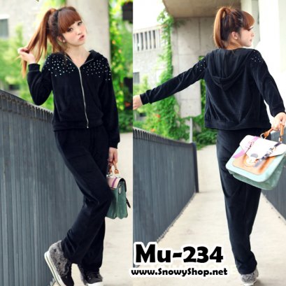  [*พร้อมส่ง S,M] [Knit] [Mu-234] Mumuhome เสื้อผ้าชุดสีดำผ้าฝ้ายสำลีเสื้อมีหมวกฮู้ดซิปหน้า พร้อมกางเกงขายาวผ้านุ่มมากค่ะ
