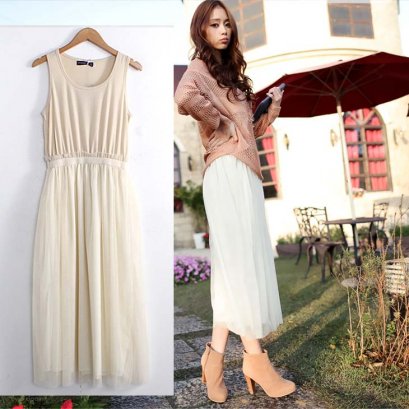  [[*พร้อมส่ง S,M] [OB-008] Orange Bear++เดรส++เดรสสีครีมแขนกุด กระโปรงผ้าตาข่ายมีผ้าซ้อน