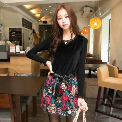  [[PreOrder]] [OB-013] Orange Bear++เดรส++เดรสแขนกุดสีดำ กระโปรงสั้นลายดอกไม้