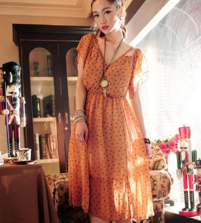  [[*พร้อมส่ง F]] [Or-026] Orange Country ++เดรส++ เดรสสีน้ำตาลลายจุด