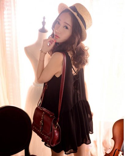  [[*พร้อมส่ง F]] [Or-033] Orange Country++เดรส++เดรสสีดำผ้าซีฟองพริ้วแขนกุด