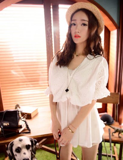  [[*พร้อมส่ง F]] [Or-037] Orange Country++เดรส++เดรสสีขาวเสื้อลายฉลุเอวจั๊ม