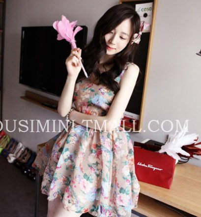  [[*พร้อมส่ง M]] [Ou-042] Ousimini++เดรส++เดรสสีน้ำตาลลายดอกไม้ แขนกุดกระโปรงบาน