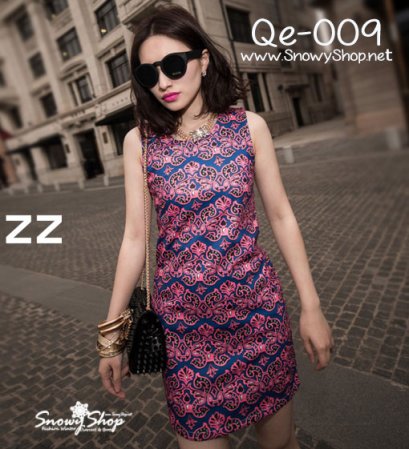  [[*พร้อมส่ง F]] [Qe-009] Queen.zz++เดรส++เดรสสีน้ำเงินฃายกราฟฟิคสีชมพูแขนกุด ชุดเข้ารูป