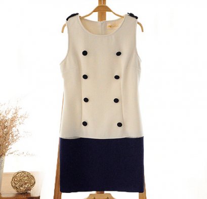      [[*พร้อมส่งL]] [Qi-111] Qian Qian++เดรส++เดรสสีขาวแขนกุดกระโปรงแถบสีน้ำเงิน ใส่สบายๆ 