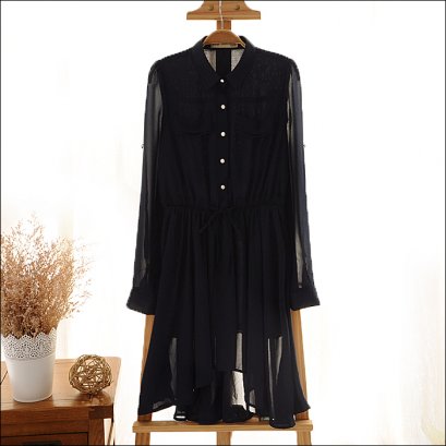  [[*พร้อมส่ง M]] [Qi-116] Qian Qian++เดรส++เดรสซีฟองสีดำ เอวผูกค่ะ M