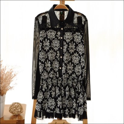  [[*พร้อมส่ง L ]] [Qi-118] Qian Qian++เดรส++เดรสสีดำลายกราฟฟิคไทย แขนยาว คอปก เขนผ้าซีทรูบาง