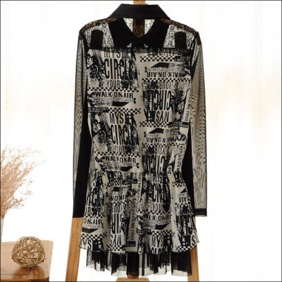  [[*พร้อมส่ง L, XL]] [Qi-119] Qian Qian++เดรส++เดรสสีดำลายหนังสือพิมพ์ แขนยาว คอปก เขนผ้าซีทรูบาง 