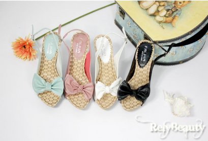  [[พร้อมส่ง]] [RB-099] RB++รองเท้า++รองเท้าหนังสีดำ ส้นสูง แต่งโบว์ค่ะ