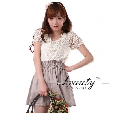  [[พร้อมส่ง]] [RB-113] RB++เดรส++เดรสเสื้อแขนยาวลายดอกเล็กๆสีขาว เอวยืดได้กระโปรงสีครีม