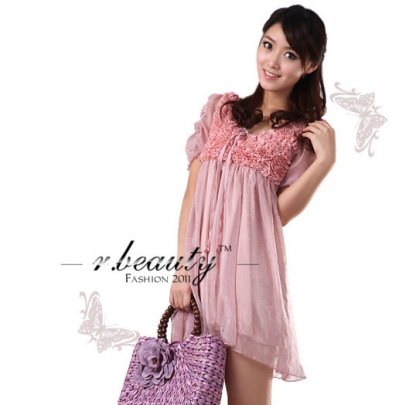  [[พร้อมส่ง]] [RB-122] RB++เดรส++เดรสผ้าซีฟองสีครีม แขนตุ๊กตา หน้าอกเย็บดอกสวยๆ กระโปรงพริ้วค่ะ