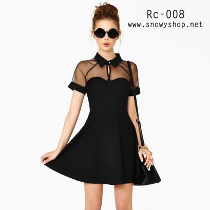  [[พร้อมส่ง,XL,2XL] [Rc-008] Richcoco++เดรส++เดรสสีดำผ้าตัดต่อกับซีทรูโปร่งสีดำ คอปกแขนสั้น กระโปรงสั้นบาน