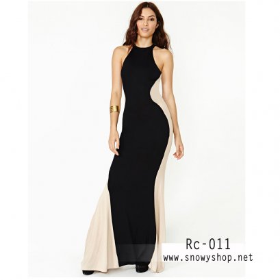  [[พร้อมส่ง]] [Rc-011] Richcoco++เดรส++เดรสดำยาวตัดต่อสีนู้ด แขนเว้า กระโปรงยาวพริ้ว ชุดหรูดีดี