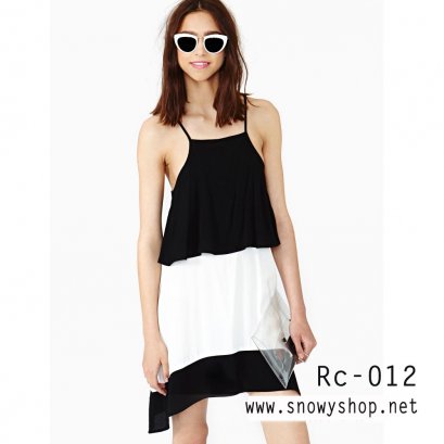  [[พร้อมส่ง]] [Rc-012] Richcoco++เดรส++เดรสสีดำผ้าซีฟองระบายชั้นตัดสีขาว สายเดี่ยวใส่สบาย