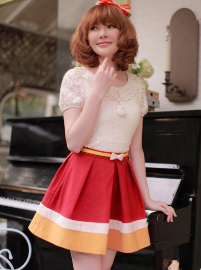      [[*พร้อมส่ง S]] [RU-016] Ruis++กระโปรง++กระโปรงสีแดงแถบขาวส้ม พร้อมเข็มขัด 