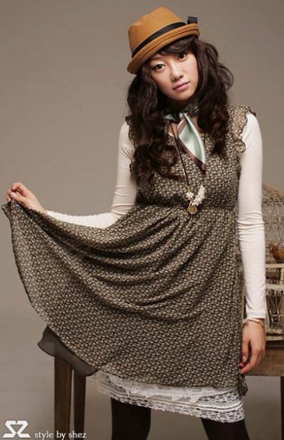  [[*พร้อมส่ง F ]] [SZ-1385]SZ++เดรส++เดรสผ้าซีฟองลายน้ำตาลหินอ่อน แขนสั้นพริ้วๆ ใต้อกจั๊มยืดได้ค่ะ 