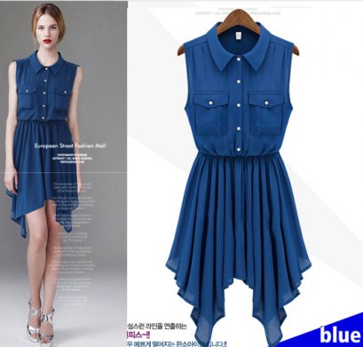      [[*พร้อมส่งS,M]] [SZ-2052] Shezyy++เดรส++เดรสสีน้ำเงินแขนกุด คอปก เอวจั๊ม 