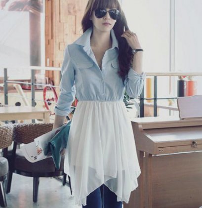  [[*พร้อมส่ง M,L ]] [SZ-2056] Shezyy++เดรส++เดรสเสื้อเชิ๊ตสีฟ้าแขนยาวคอปก เอวจั๊มกับกระโปรงผ้าซีฟองสีขาว