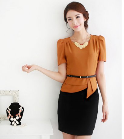  [[*พร้อมส่ง XL]] [SZ-2059] Shezyy++เดรส++เดรสเสื้อสีส้มเข้มไหล่บัวติดกับกระโปรงสีดำแบบสุภาพ พร้อมเข็มขัด