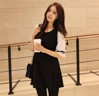      [[*พร้อมส่ง M]] [SZ-2126] Shezyy++เดรส++เดรสสีดำแขนพุ่มสีขาว สไตล์เกาหลี 