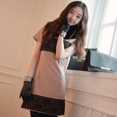  [[*พร้อมส่ง S]] [เดรสลูกไม้] [SZ-3401] Shezyy ++เดรส++ เดรสแขนสั้นสีครีมแต่งด้วยผ้าลูกไม้สีดำ