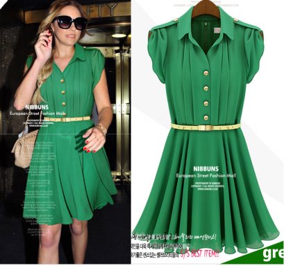  [*พร้อมส่ง L XL] [SZ-3945] Shezyy++เดรส++เดรสสีเขียว คอปก กระโปรงบาน พร้อมเข็มขัดค่ะ