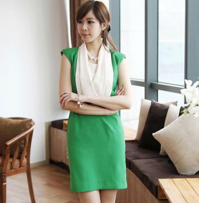  [*พร้อมส่ง L] [SZ-3962] Shezyy++เดรส++เดรสสีเขียวแขนสั้น สีครีมช่วงกลาง กระโปรงเหนือเข่า พร้อมเข็มขัด
