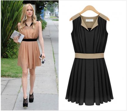  [*พร้อมส่ง M XL] [SZ-4070] SZ++เดรส++เดรสสีดำเปิดคอแขนกุดกระโปรงอัดพรีทพริ้วๆ