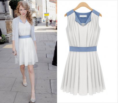  [*พร้อมส่ง S XL] [SZ-4071] SZ++เดรส++เดรสสีขาวเปิดคอแขนกุดกระโปรงอัดพรีทพริ้วๆ