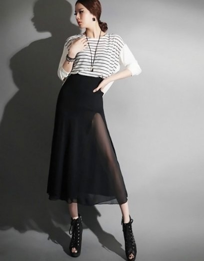  [[*พร้อมส่ง M]] [SZ-4091] SZ++กระโปรง++กระโปรงสีดำยาวตัดต่อผ่าหน้าผ้าซีทรู