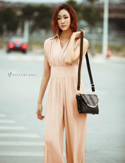  [[*พร้อมส่ง S M L XL]] [SZ-4093] SZ++JumpSuit++ชุดจั๊มสูทสีชมพูหวาน คอปกตั้ง กางเกงยาว