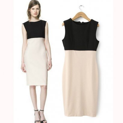 [[พร้อมส่งS,M]] [SZ-4132] SZ++ชุดเดรส++ชุดเดรสท่อนบนสีดำแขนกุดท่อนล่างกระโปรงเข้ารูปสีชมพู