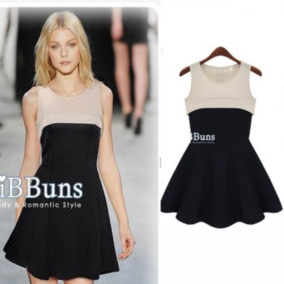  [*พร้อมส่ง L] [SZ-4151] SZ++เดรส++เดรสแขนกุดสีครีมกระโปรงสีดำ