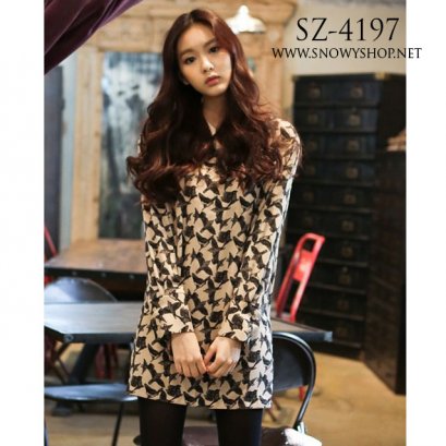  [[*พร้อมส่ง L]] [SZ-4197] SZ++เดรส++เดรสสีครีมลายนก คอปกแพทเทิลเรียบงายใส่สบาย