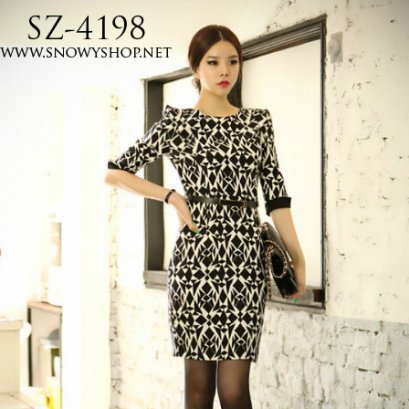  [[*พร้อมส่ง S,L]] [SZ-4198] SZ++เดรส++เดรสลายกราฟฟิคขาวดำ แขนศอก มีซับในให้อย่างดี ใส่ทำงานสวยมากๆค่ะ