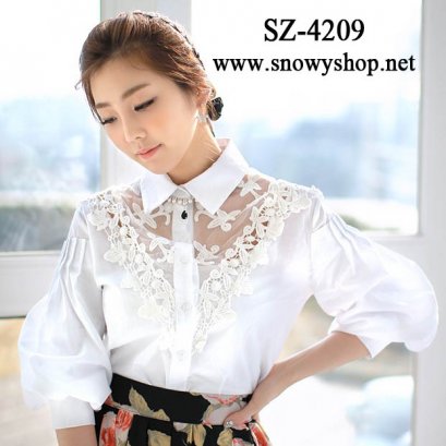     [[*พร้อมส่ง S, M]] [SZ-4209] SZ++SZ++เสื้อเชิ๊ต++เสื้อเชิ๊ตสีขาวตัดต่อผ้าตาข่ายลาย แขนยาว 