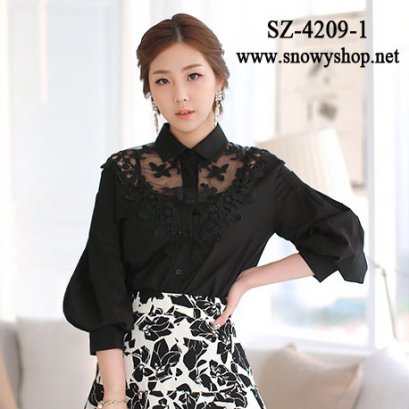      [[*พร้อมส่ง M, L]] [SZ-4209-1] SZ++เสื้อเชิ๊ต++เสื้อเชิ๊ตสีดำตัดต่อผ้าตาข่ายลาย แขนยาว 