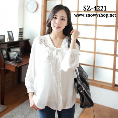  [*พร้อมส่ง F] [เสื้อ] [SZ-4221] SZ เสื้อสีขาวผ้าฝ้ายผูกโบว์