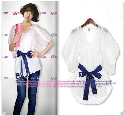  [[*พร้อมส่ง F]] [SZ-8117] SZ++เสื้อ++เสื้อสีขาวแขนพองๆเอวผู้กผ้าซาตินสีน้ำเงินสวยงามค่ะ